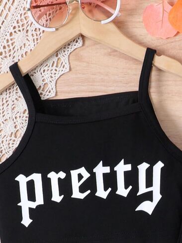 Verdusa Girl's 2 Piece Outfits Letter Print Sleeveless Cami Top and Overlay Mesh Skirt Set in Saudi Arabia