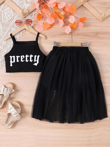 Verdusa Girl's 2 Piece Outfits Letter Print Sleeveless Cami Top and Overlay Mesh Skirt Set in Saudi Arabia