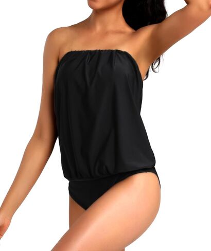 Two Piece Bandeau Tankini Swimsuits for Women Loose Blouson Swim Top with Bikini Bottom Tummy Control Bathing Suits in Saudi Arabia