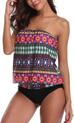 Two Piece Bandeau Tankini Swimsuits for Women Loose Blouson Swim Top with Bikini Bottom Tummy Control Bathing Suits in Kuwait