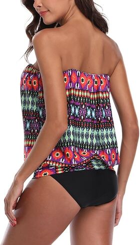 Two Piece Bandeau Tankini Swimsuits for Women Loose Blouson Swim Top with Bikini Bottom Tummy Control Bathing Suits in Kuwait