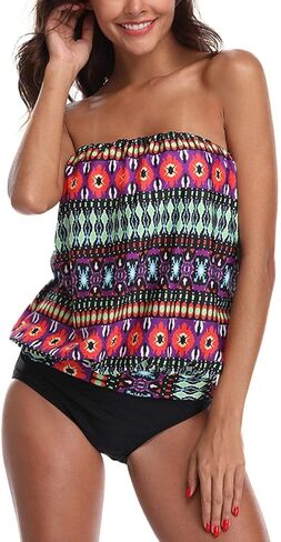 Two Piece Bandeau Tankini Swimsuits for Women Loose Blouson Swim Top with Bikini Bottom Tummy Control Bathing Suits in Kuwait