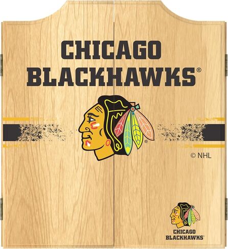 Trademark Global Dart Board Cabinet Set - Chicago Blackhawks Logo Dart Board with 6 Steel Tip Darts, Scoreboard, Hanging Wood Cupboard in Saudi Arabia