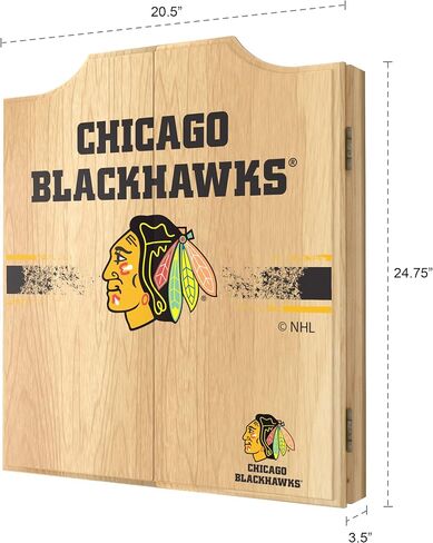 Trademark Global Dart Board Cabinet Set - Chicago Blackhawks Logo Dart Board with 6 Steel Tip Darts, Scoreboard, Hanging Wood Cupboard in Saudi Arabia