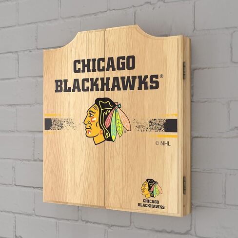Trademark Global Dart Board Cabinet Set - Chicago Blackhawks Logo Dart Board with 6 Steel Tip Darts, Scoreboard, Hanging Wood Cupboard in Saudi Arabia
