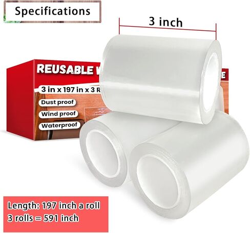 Transparent Window Weather Sealing Tape Reusable, No Damaging for Paint, Removable 3“ Wide Window Insulation Sealing Tape Waterproof, Without Residue, Clear and Washable, Multipurpose in Saudi Arabia