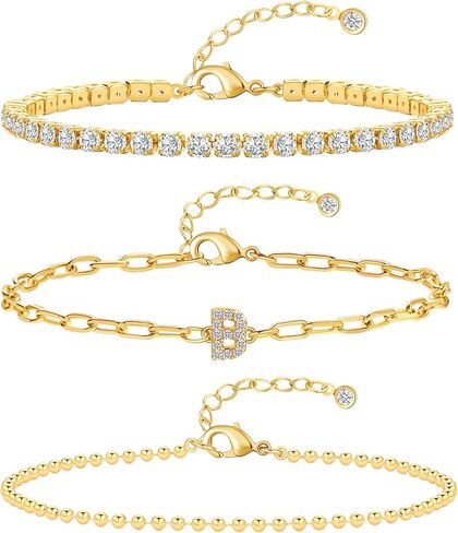 CUEZIY Initial Bracelets for Women 14K Gold Plated Layered Cubic Zirconia Tennis Bracelets Beaded Chain Bracelet Gold Letter Bracelet Set Dainty Gold Bracelets for Women Jewelry Gifts for Women in Kuwait
