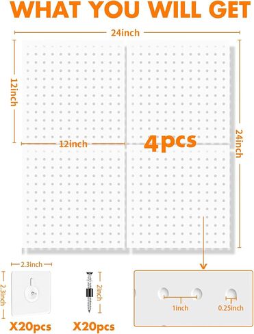 Pegboard Galvanized Steel, Pegboard Wall Organizer with Drilling and No Drilling Installation Ways. Peg Board 4PCS,Metal Pegboard, Peg Boards for Walls, White Pegboard for Garage,Craft Room,Workshop. in Saudi Arabia