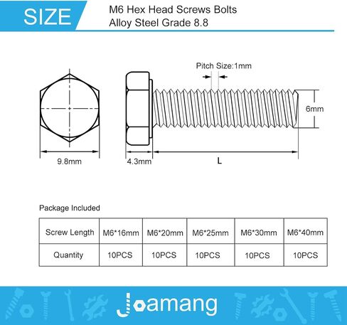 مسامير براغي سداسية الرأس Joamang M10 x 30 مم 35 مم 40 مم 45 مم 50 مم، سبيكة فولاذية درجة 8.8، لمسة نهائية من أكسيد أسود، خيط كامل، مسامير رأس سداسية، مجموعة متنوعة 15 قطعة in Kuwait