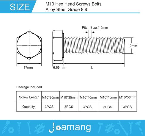 مسامير براغي سداسية الرأس Joamang M10 x 30 مم 35 مم 40 مم 45 مم 50 مم، سبيكة فولاذية درجة 8.8، لمسة نهائية من أكسيد أسود، خيط كامل، مسامير رأس سداسية، مجموعة متنوعة 15 قطعة in Kuwait