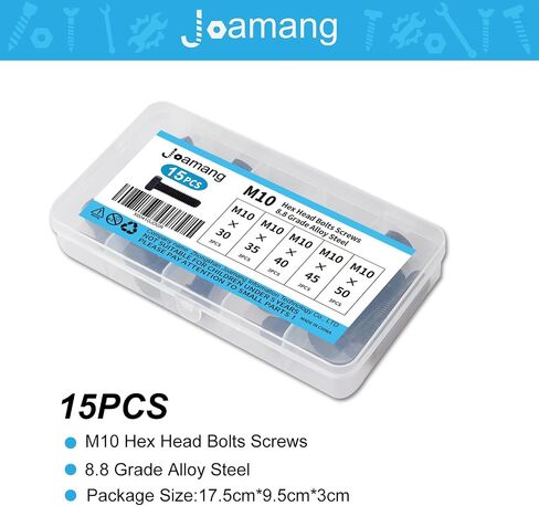 مسامير براغي سداسية الرأس Joamang M10 x 30 مم 35 مم 40 مم 45 مم 50 مم، سبيكة فولاذية درجة 8.8، لمسة نهائية من أكسيد أسود، خيط كامل، مسامير رأس سداسية، مجموعة متنوعة 15 قطعة in Kuwait