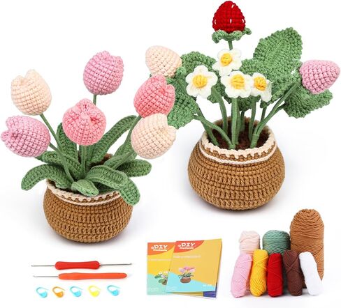 Iuuidu 2PCS Crochet Kits for Beginners, Strawberry Flower Crochet Kit, Crochet Starter Kit Potted Plants with Step-by-Step Video Tutorials for Mother's Day Gift in Kuwait