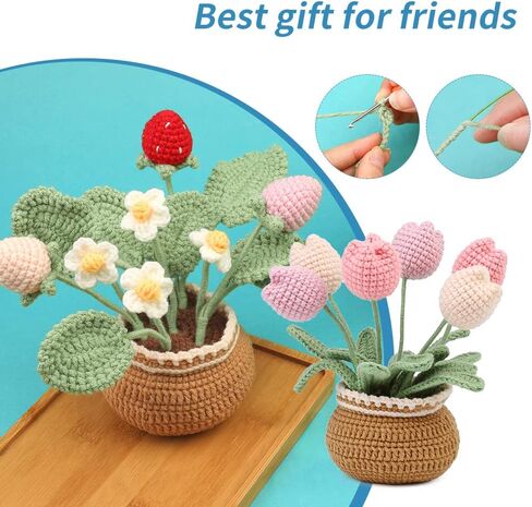 Iuuidu 2PCS Crochet Kits for Beginners, Strawberry Flower Crochet Kit, Crochet Starter Kit Potted Plants with Step-by-Step Video Tutorials for Mother's Day Gift in Kuwait