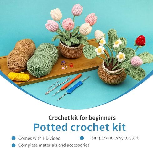 Iuuidu 2PCS Crochet Kits for Beginners, Strawberry Flower Crochet Kit, Crochet Starter Kit Potted Plants with Step-by-Step Video Tutorials for Mother's Day Gift in Kuwait