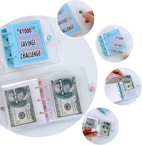 حافظة صغيرة لتحدي التوفير 1000 مع مظاريف نقدية للأطفال، منظم كتب محمول لتوفير المال لحشو النقود، قابل لإعادة الاستخدام - وردي in Kuwait
