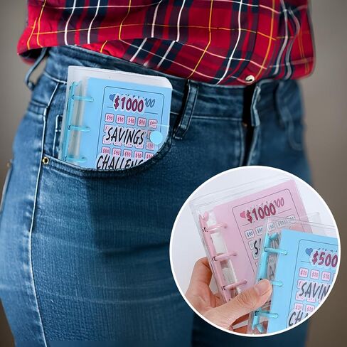 حافظة صغيرة لتحدي التوفير 1000 مع مظاريف نقدية للأطفال، منظم كتب محمول لتوفير المال لحشو النقود، قابل لإعادة الاستخدام - وردي in Kuwait