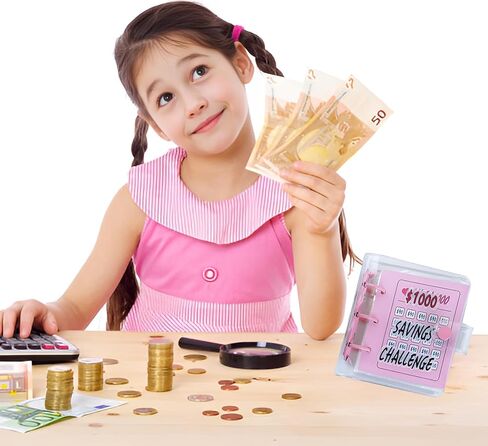 حافظة صغيرة لتحدي التوفير 1000 مع مظاريف نقدية للأطفال، منظم كتب محمول لتوفير المال لحشو النقود، قابل لإعادة الاستخدام - وردي in Kuwait