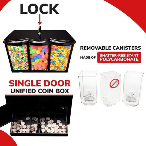 Vending Machine - Commercial Gumball and Candy Machine with Stand - Triple Vending Machine with Removable Canisters - Coin Operated Candy Dispenser and Gumball Machine - Vending Dispenser - Black in Saudi Arabia