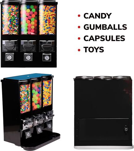 Vending Machine - Commercial Gumball and Candy Machine with Stand - Triple Vending Machine with Removable Canisters - Coin Operated Candy Dispenser and Gumball Machine - Vending Dispenser - Black in Saudi Arabia