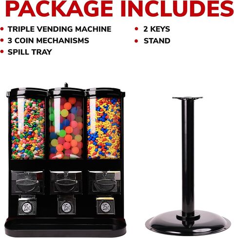 Vending Machine - Commercial Gumball and Candy Machine with Stand - Triple Vending Machine with Removable Canisters - Coin Operated Candy Dispenser and Gumball Machine - Vending Dispenser - Black in Saudi Arabia