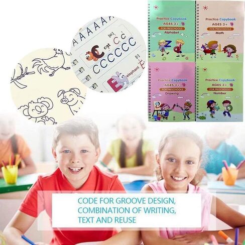 4 Pack Practice Copybook That Can Be Reused, Calligraphy Set for Kids Number Math Drawing Alphabet Handwriting Book,Repeatedly Letter Writing Copybook in Kuwait