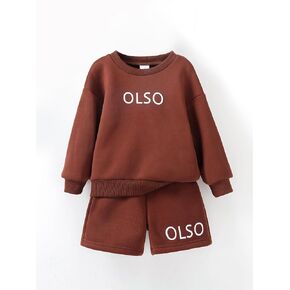 Girls 2-Piece Outfit Set Letter Print Sweatshirt Shorts Long Sleeve Crewneck Top Matching Shorts Casual Fall Clothing Set in Kuwait