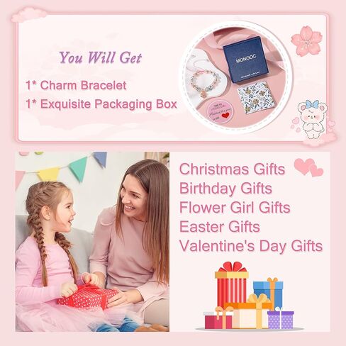 MONOOC Easter Basket Essentials - Flower Charm Initial Bracelets for Girls Kids, Adjustable Pearl and Rhinestone Beaded Bracelet Flower Girl Gifts Bracelet Jewelry Birthday Easter Gifts for Girls Kids in Saudi Arabia
