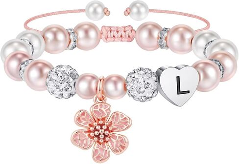 MONOOC Easter Basket Essentials - Flower Charm Initial Bracelets for Girls Kids, Adjustable Pearl and Rhinestone Beaded Bracelet Flower Girl Gifts Bracelet Jewelry Birthday Easter Gifts for Girls Kids in Saudi Arabia