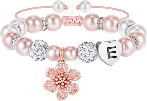 MONOOC Easter Basket Essentials - Flower Charm Initial Bracelets for Girls Kids, Adjustable Pearl and Rhinestone Beaded Bracelet Flower Girl Gifts Bracelet Jewelry Birthday Easter Gifts for Girls Kids in Saudi Arabia