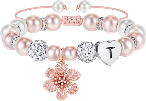 MONOOC Easter Basket Essentials - Flower Charm Initial Bracelets for Girls Kids, Adjustable Pearl and Rhinestone Beaded Bracelet Flower Girl Gifts Bracelet Jewelry Birthday Easter Gifts for Girls Kids in Saudi Arabia