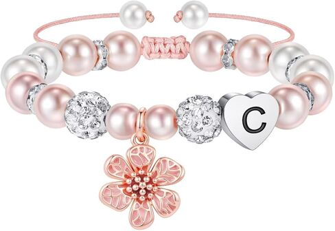 MONOOC Easter Basket Essentials - Flower Charm Initial Bracelets for Girls Kids, Adjustable Pearl and Rhinestone Beaded Bracelet Flower Girl Gifts Bracelet Jewelry Birthday Easter Gifts for Girls Kids in Saudi Arabia