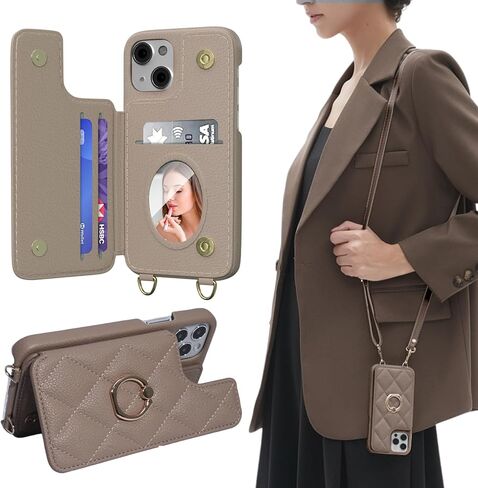 Crossbody Wallet with Cosmetic Mirror Case for iPhone 15 Pro Max, UP Leather Case with Card Slots Invisible Stand, Women Detachable Lanyard 6.7-Inch Phone Case White in Kuwait