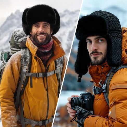 Ramede قبعة الشتاء Ushanka الصياد الروسية قبعة مع الأذن اللوحات للرجال النساء قبعة سوداء معطف شتوي للجنسين قبعة التزلج in Kuwait
