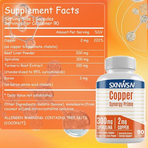 Copper Synergy Prime - 5-in-1 Copper Supplements with Beef Liver & Spirulina - Boosts Energy Nourishes Body & Antioxidant | 90 Capsules in Saudi Arabia