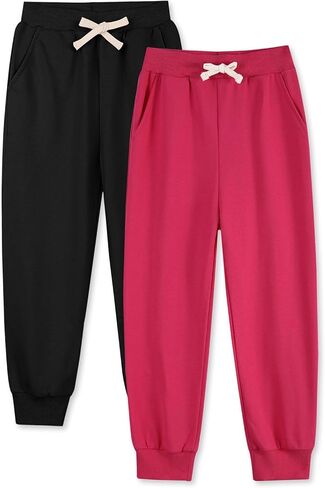 Phedrew 2-Pack Girls Cotton Sweatpants Kids Athletic Performance Drawstring Jogger Pants for Toddler Girls（2-14 Years） in Kuwait