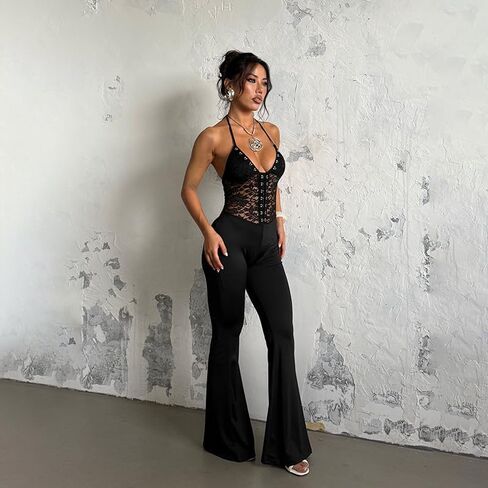 Sexy Jumpsuits for Women Sleeveless Lace Halter See Through Rompers Black Club Outfits in Saudi Arabia