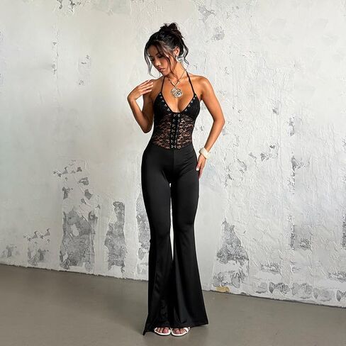 Sexy Jumpsuits for Women Sleeveless Lace Halter See Through Rompers Black Club Outfits in Saudi Arabia