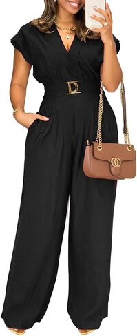 Pink Queen Jumpsuits for Women Dressy V Neck Short Sleeve Wide Leg Rompers Business Casual One Piece Outfits in Saudi Arabia