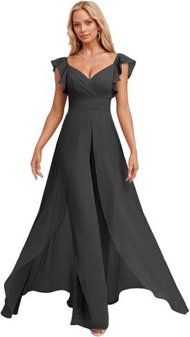 كشكش حللا وصيفة الشرف الشيفون مع شق مطوي الخامس الرقبة Pantsuits الزفاف ضيف in Kuwait