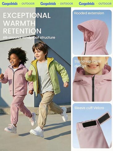 Gogokids Boys Girls Waterproof Jacket Insulated Padded Windbreaker Raincoat Sports Hooded Outerwear for Hiking Gear 4-12Y in Saudi Arabia