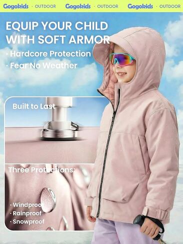Gogokids Boys Girls Waterproof Jacket Insulated Padded Windbreaker Raincoat Sports Hooded Outerwear for Hiking Gear 4-12Y in Saudi Arabia