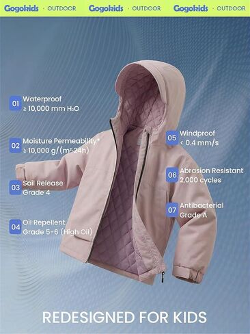Gogokids Boys Girls Waterproof Jacket Insulated Padded Windbreaker Raincoat Sports Hooded Outerwear for Hiking Gear 4-12Y in Saudi Arabia