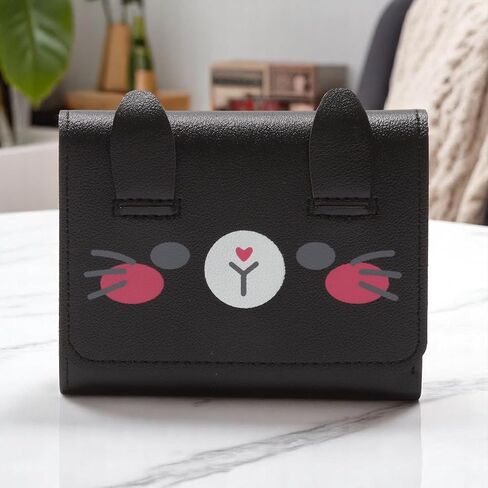 1Pcs Pouch for Money 3-Fold Cartoon Snap Card Case PU Leather Black 11x8.5cm in Saudi Arabia