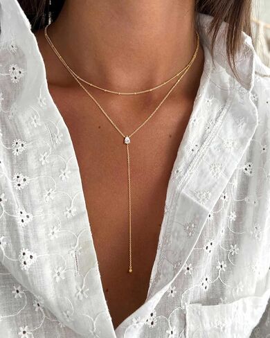 Ursteel Dainty Lariat قلادة للنساء، 14K مطلية بالذهب على شكل حرف Y قلادة طويلة الطبقات قطرة القلائد اللؤلؤ الصليب البرسيم مكعب زركونيا سحر القلائد مجوهرات هدايا للنساء in Kuwait