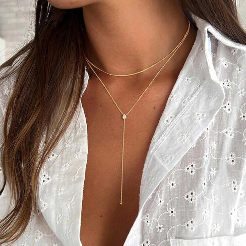 Ursteel Dainty Lariat قلادة للنساء، 14K مطلية بالذهب على شكل حرف Y قلادة طويلة الطبقات قطرة القلائد اللؤلؤ الصليب البرسيم مكعب زركونيا سحر القلائد مجوهرات هدايا للنساء in Kuwait