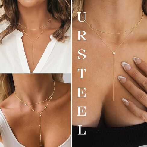 Ursteel Dainty Lariat قلادة للنساء، 14K مطلية بالذهب على شكل حرف Y قلادة طويلة الطبقات قطرة القلائد اللؤلؤ الصليب البرسيم مكعب زركونيا سحر القلائد مجوهرات هدايا للنساء in Kuwait
