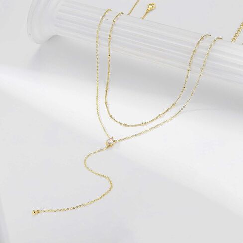 Ursteel Dainty Lariat قلادة للنساء، 14K مطلية بالذهب على شكل حرف Y قلادة طويلة الطبقات قطرة القلائد اللؤلؤ الصليب البرسيم مكعب زركونيا سحر القلائد مجوهرات هدايا للنساء in Kuwait