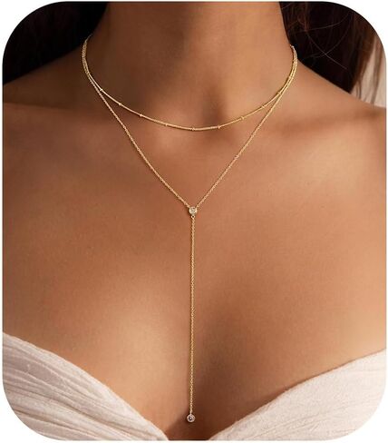 Ursteel Dainty Lariat قلادة للنساء، 14K مطلية بالذهب على شكل حرف Y قلادة طويلة الطبقات قطرة القلائد اللؤلؤ الصليب البرسيم مكعب زركونيا سحر القلائد مجوهرات هدايا للنساء in Kuwait