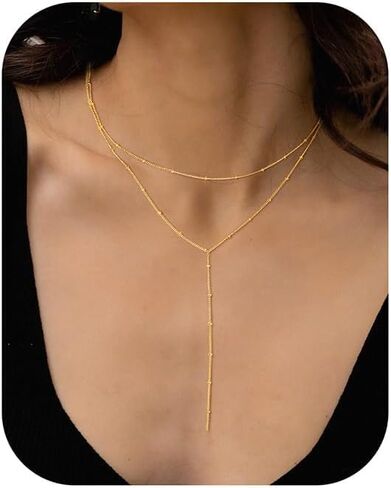 Ursteel Dainty Lariat قلادة للنساء، 14K مطلية بالذهب على شكل حرف Y قلادة طويلة الطبقات قطرة القلائد اللؤلؤ الصليب البرسيم مكعب زركونيا سحر القلائد مجوهرات هدايا للنساء in Kuwait