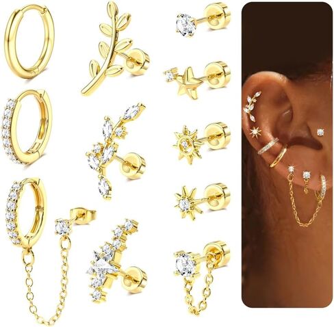 11 Single Piece 20G Cartilage Earrings for Women, Helix Piercing Jewelry, Surgical Steel 14 Gold Plated Flat Back Stud & Hoop, Stackable Earrings Set for Daith, Tragus, and Conch in Saudi Arabia